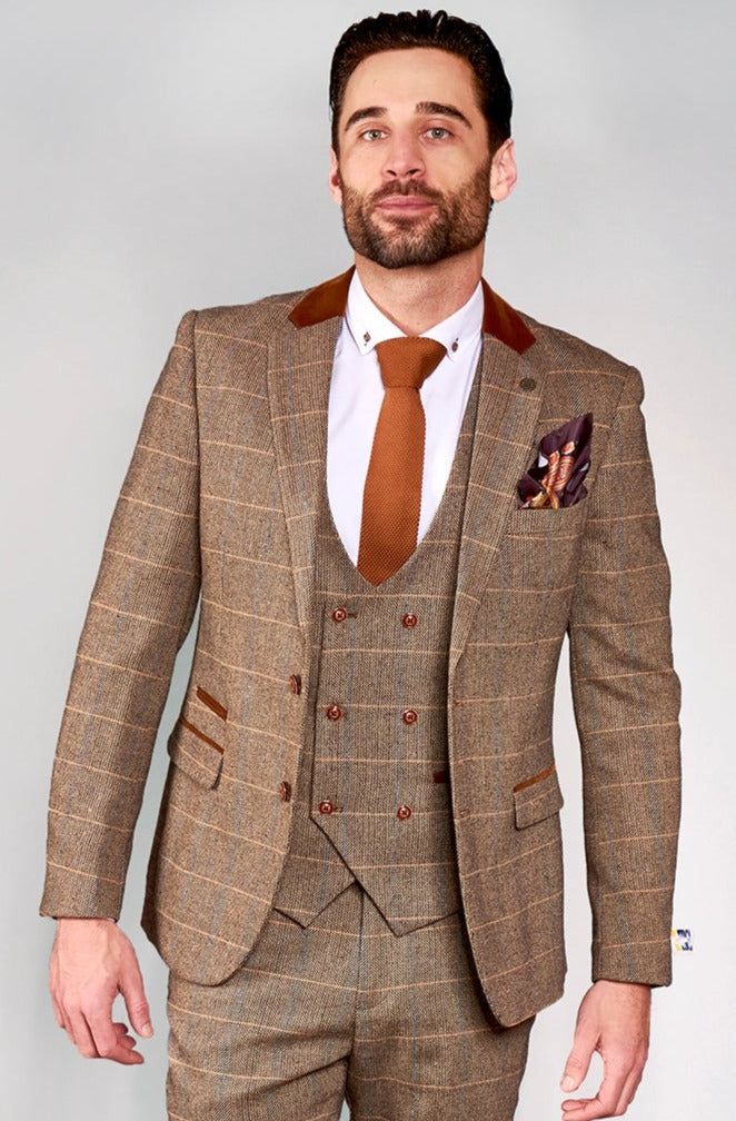 Marc Darcy DX7 Tan Tweed Check Slim Fit Blazer