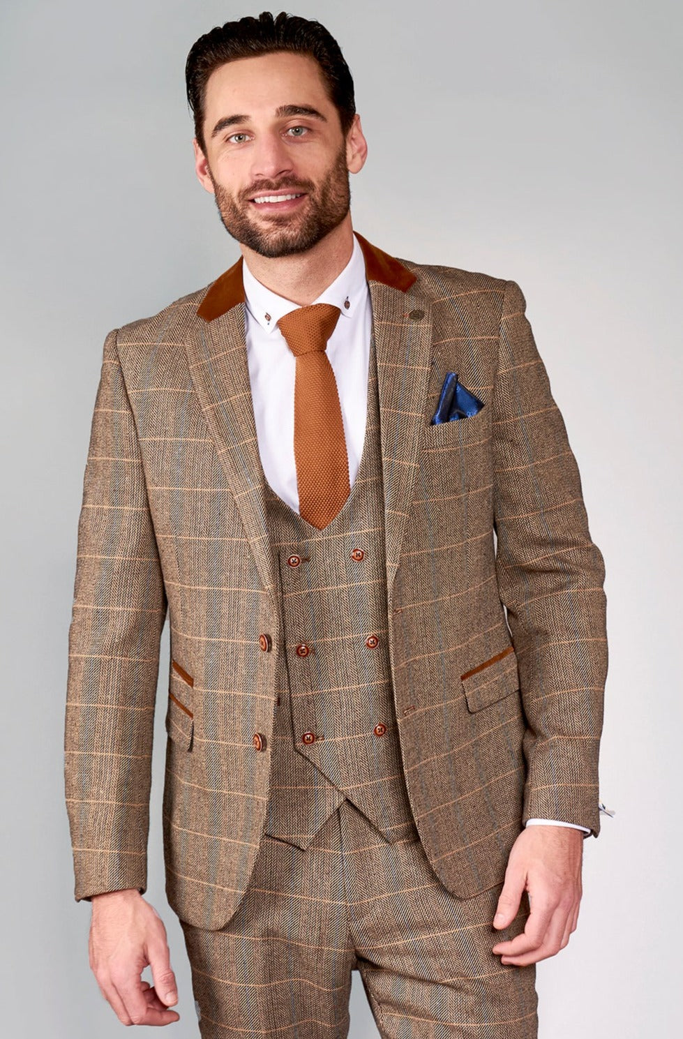 Marc Darcy DX7 Tan Tweed Check Slim Fit Blazer