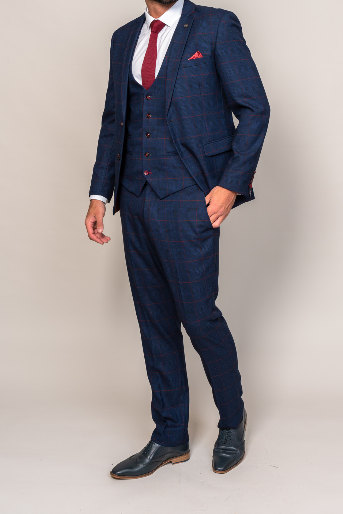 Marc Darcy Edinson Navy Wine Check Three Piece Suit