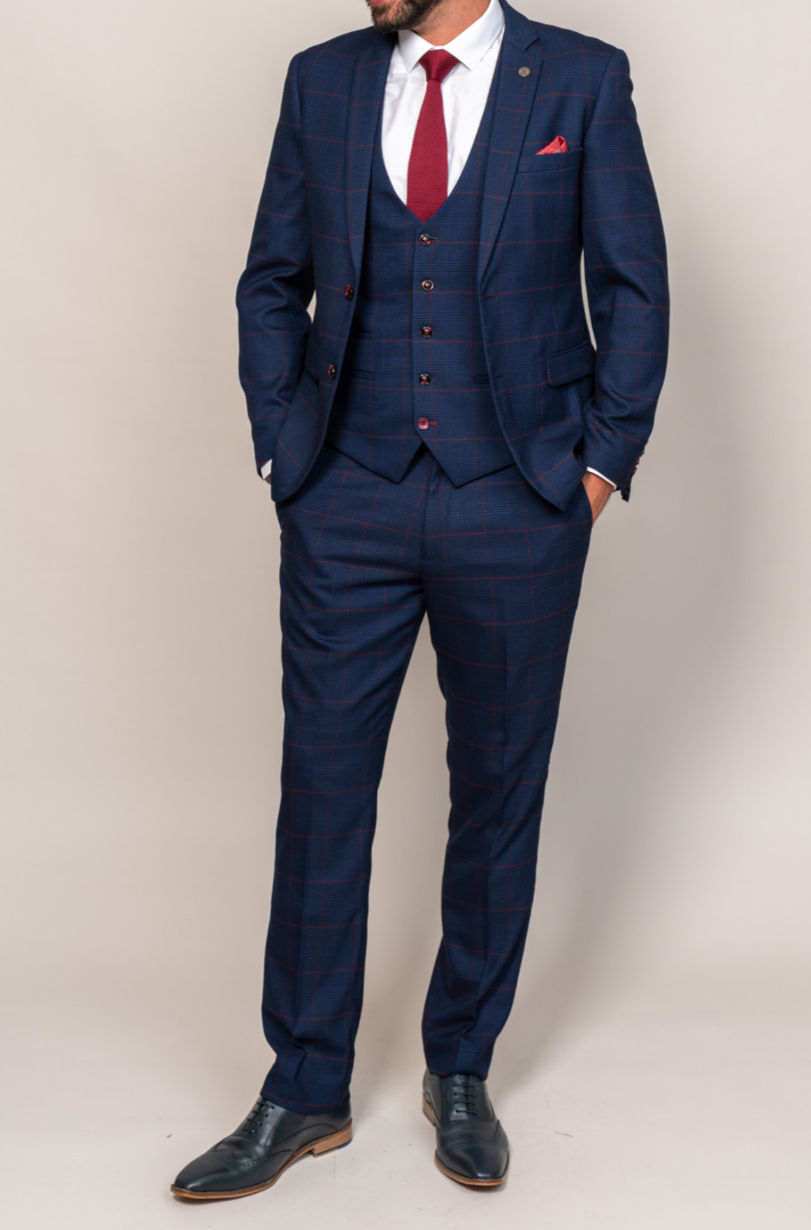 Marc Darcy Edinson Navy Wine Check Three Piece Suit