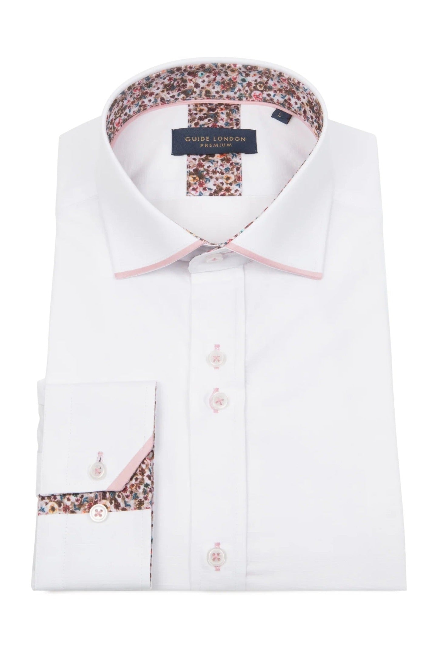 Guide London Long Sleeve Panelled Collar End On End Shirt LS76769 - White/Pink