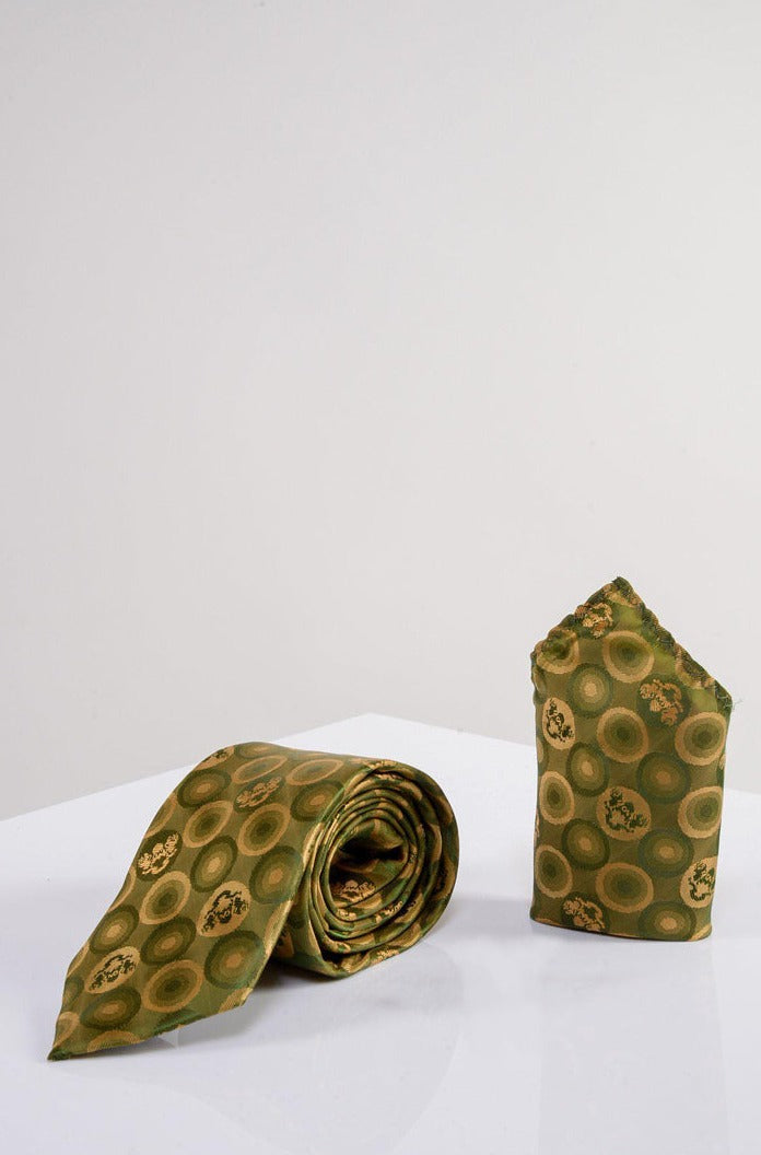 Marc Darcy Bubbles Circle Print Tie and Pocket Square Set in Tan