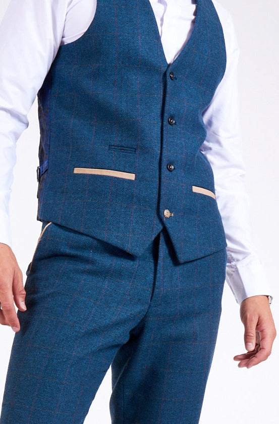 Marc Darcy Dion Blue Tweed Check Waistcoat