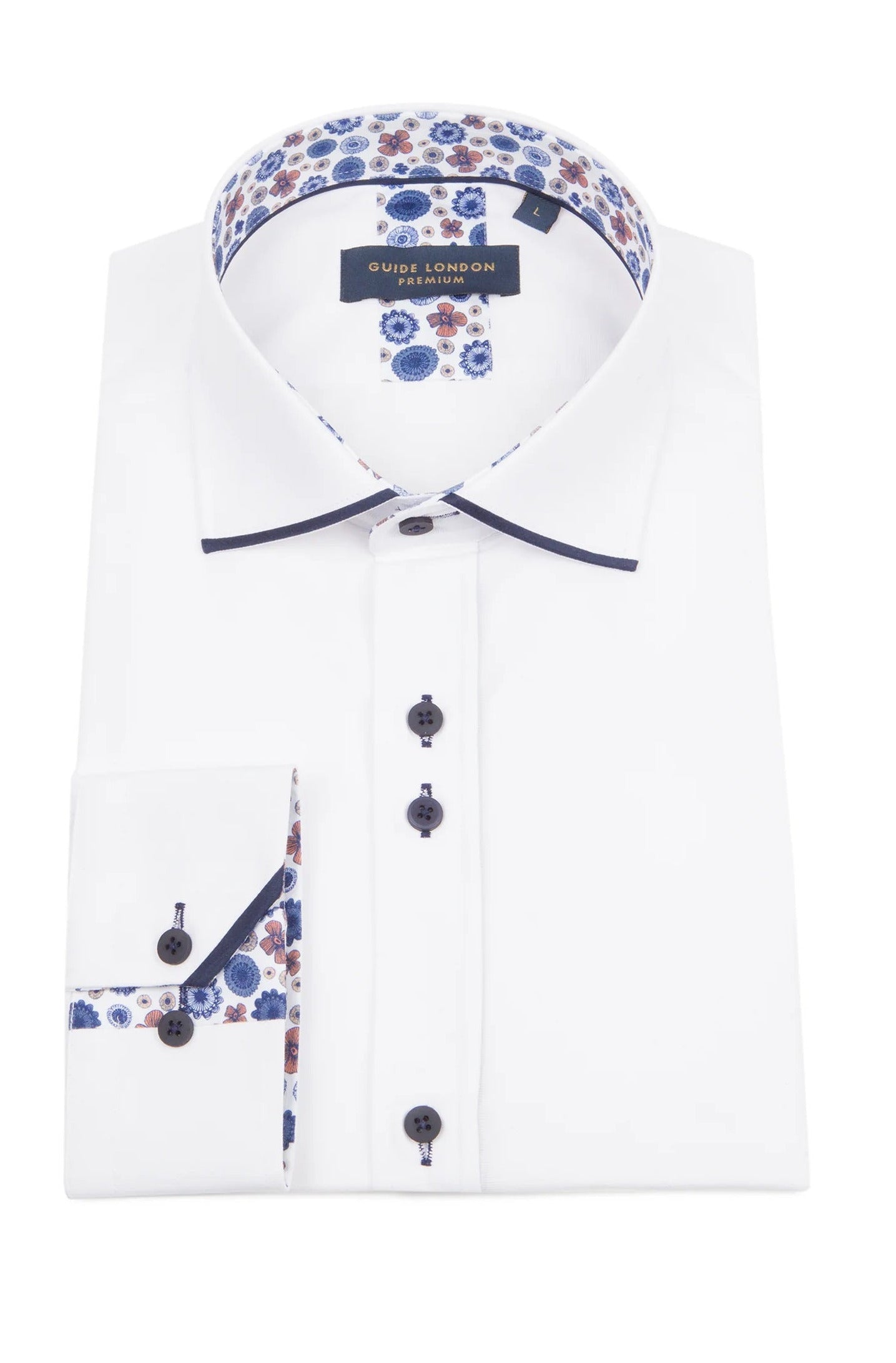 Guide London Long Sleeve Contrast Collar Tip Shirt LS76586 - WHITE/NAVY