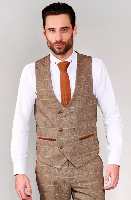 Marc Darcy DX7 Tan Tweed Check Waistcoat