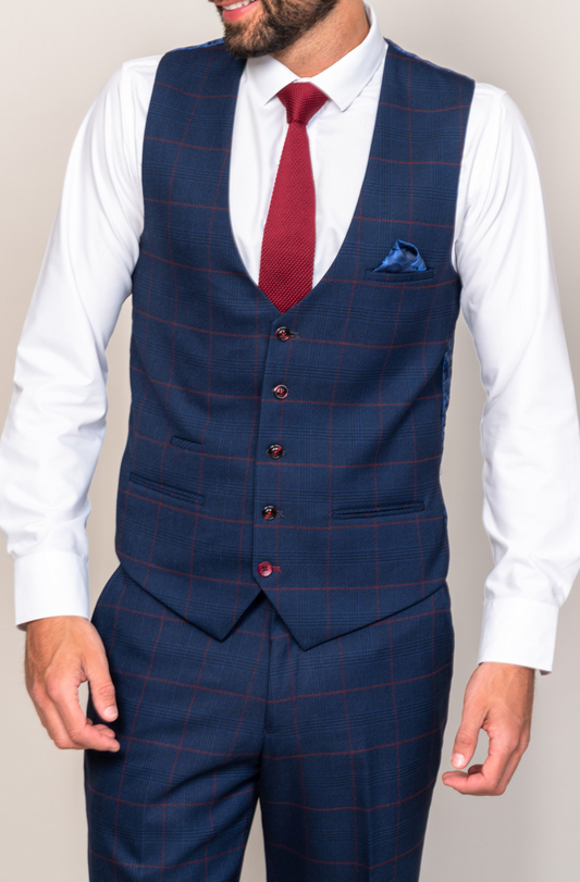 Marc Darcy Edinson Navy Wine Check Waistcoat