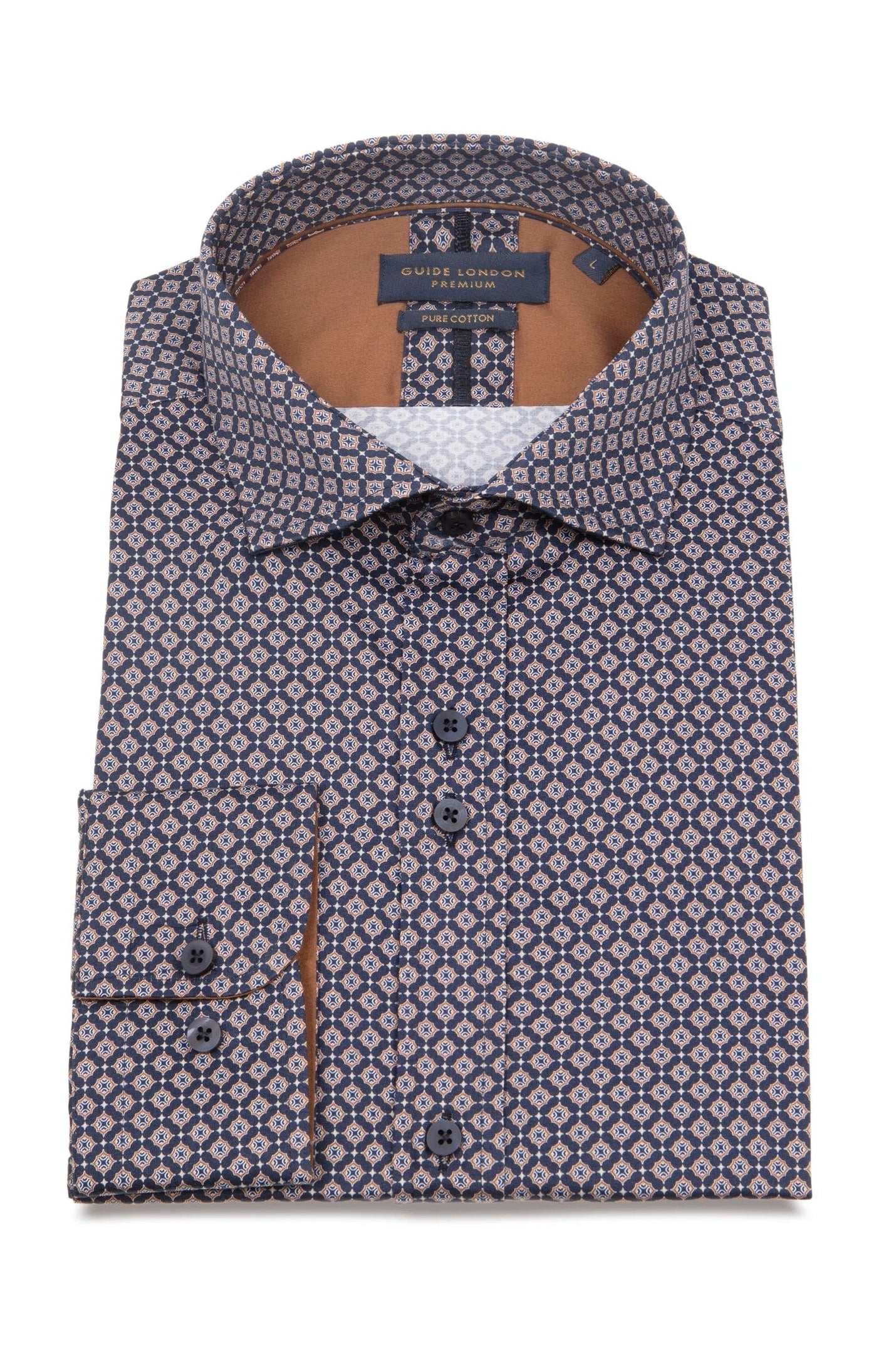Guide London Geometric Pattern Long Sleeve Cotton Shirt LS76683 Navy/Tan #dr.kruger #dr kruger #drkruger