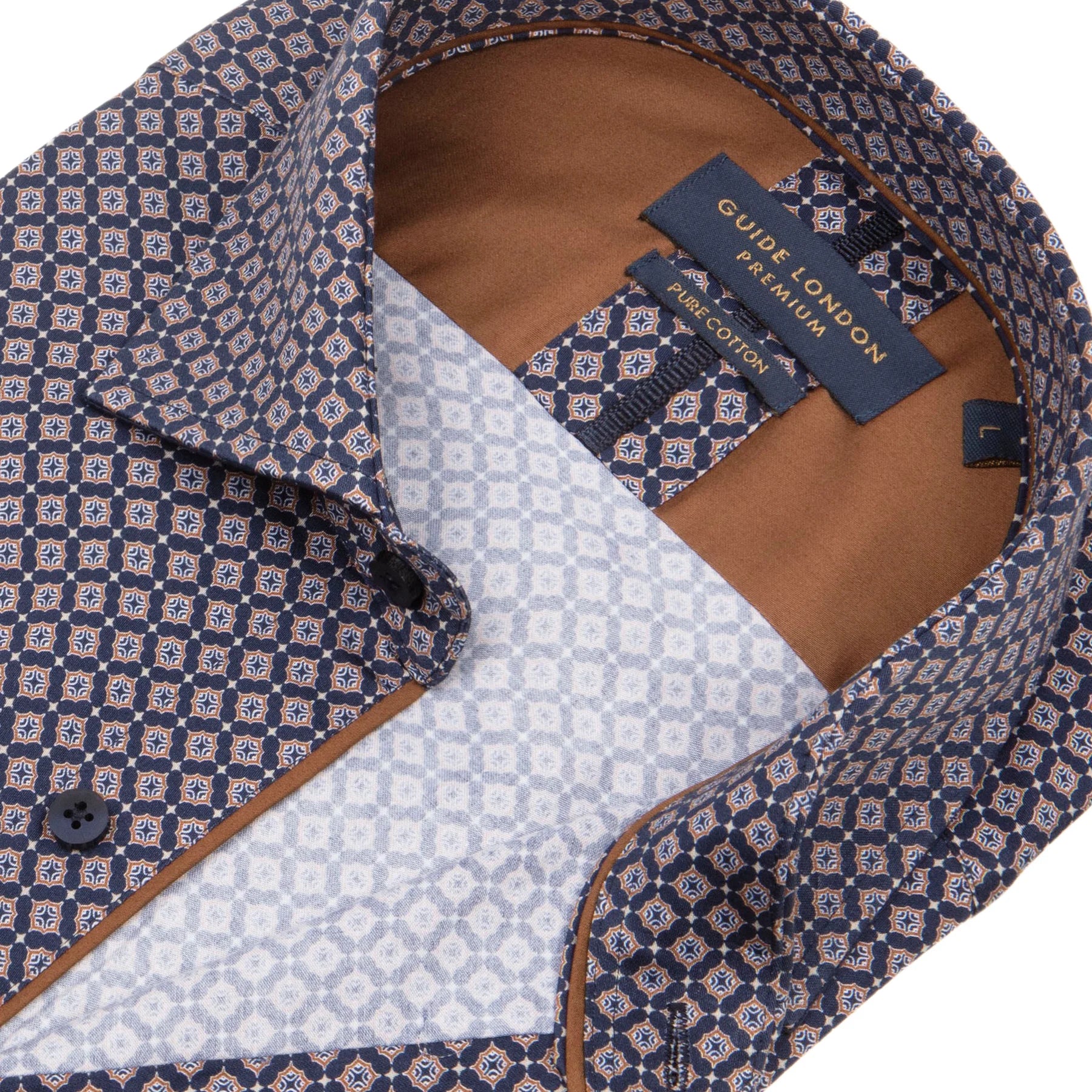 Guide London Geometric Pattern Long Sleeve Cotton Shirt LS76683 Navy/Tan #dr.kruger #dr kruger #drkruger