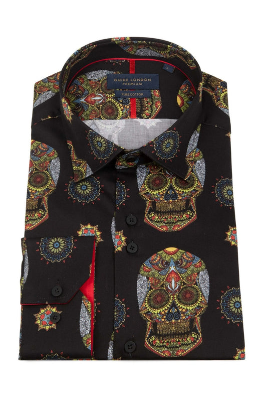 Guide London Colourful Skull Long Sleeve Shirt LS76762 - Black/Multicolour