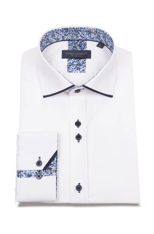 Guide London Long Sleeve Panelled Collar End On End Shirt LS76769 - WHITE/NAVY