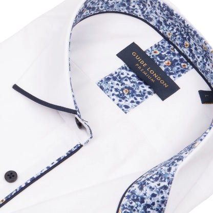 Guide London Long Sleeve Panelled Collar End On End Shirt LS76769 - WHITE/NAVY