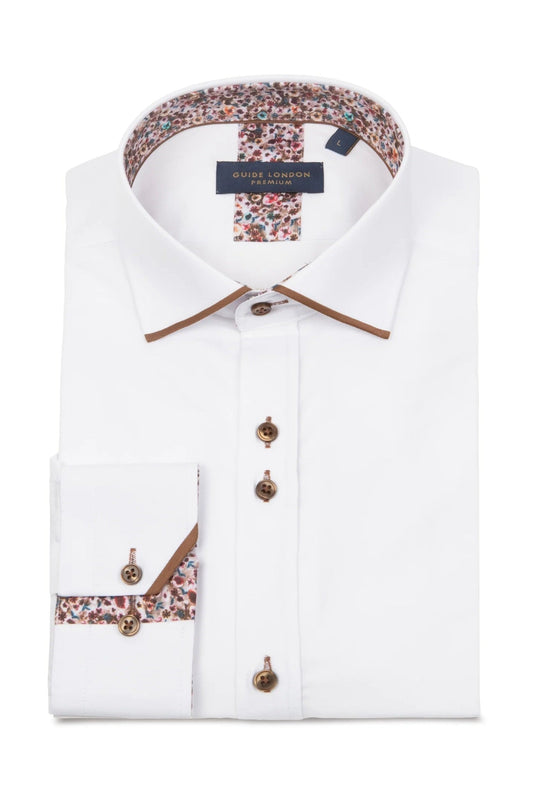 Guide London Long Sleeve Panelled Collar End On End Shirt LS76769 - White/Tan