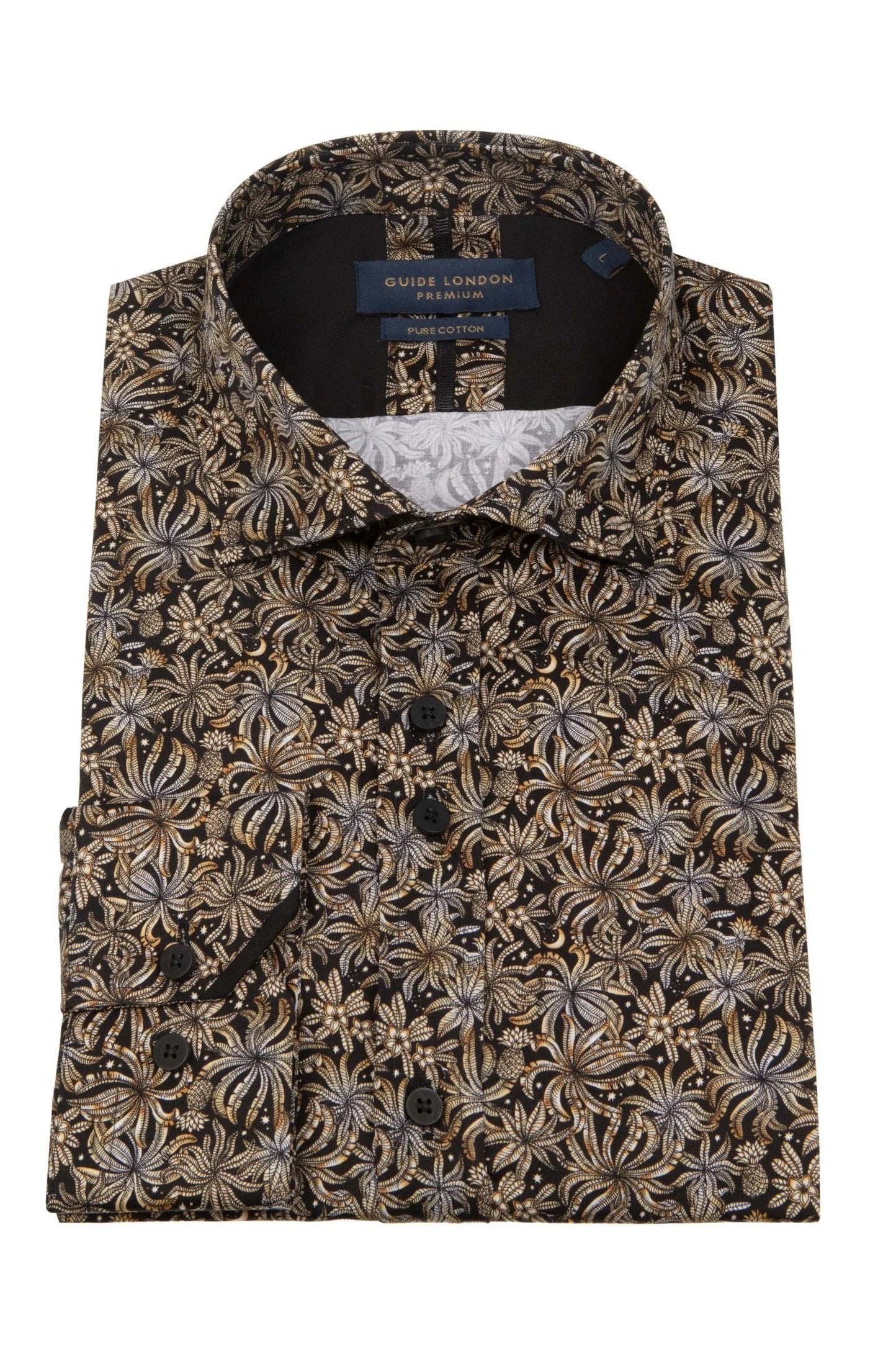 Guide London Long Sleeve Floral Long Sleeve Cotton Shirt LS76778 - Black/Tan